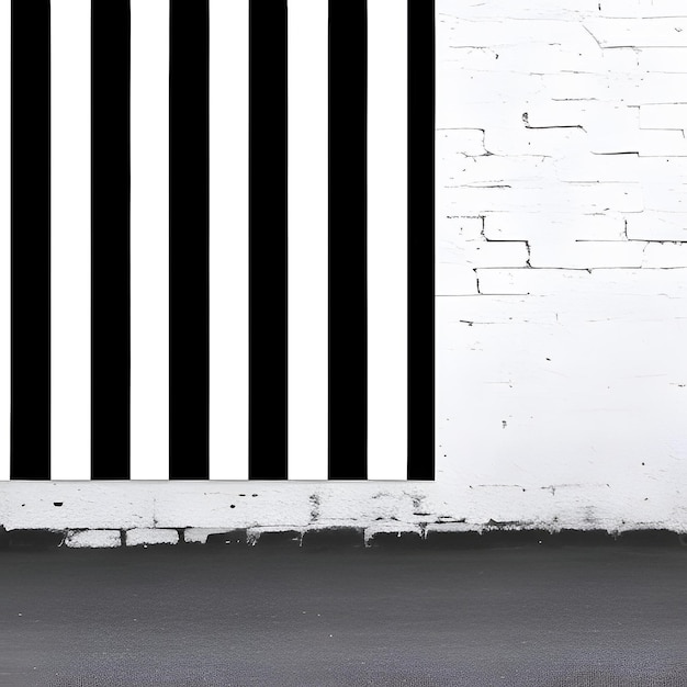 A black and white flag is on a white brick wall.