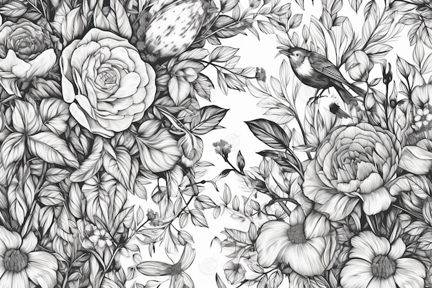 Black and white floral background with a bird and flowers.