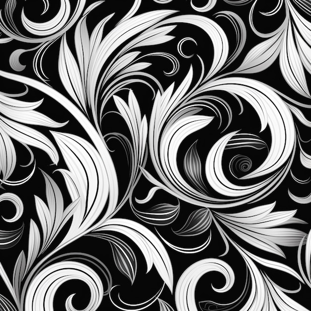 a black and white floral background with swirls and leaves generative ai