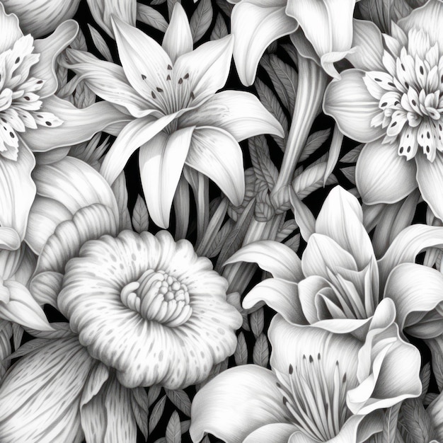 검은색과 색 꽃 식물성 꽃 봄 잎 새겨진 잉크 아트 매 없는 배경 패턴 직물 벽지 인쇄 텍스처 타일 아이 생성 일러스트레이션