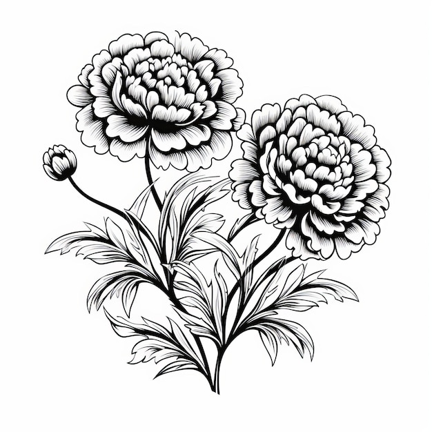 Black And White Floral Carnations Shang Dynastyinspired Illustration