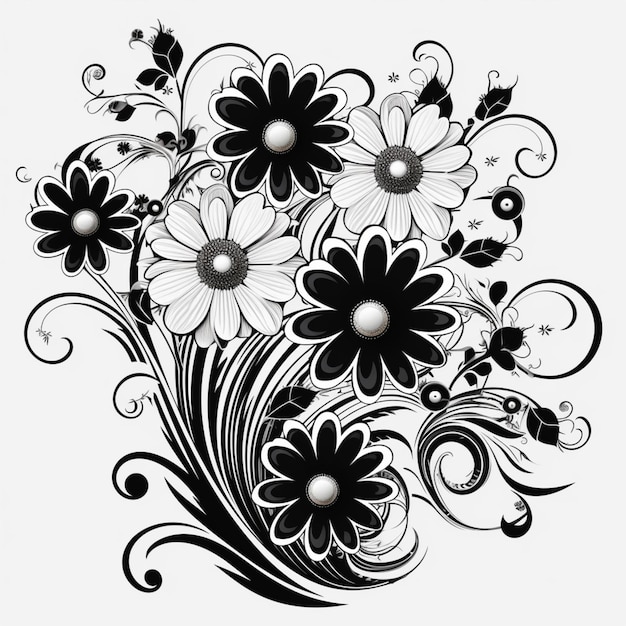 Photo a black and white floral design with butterflies and swirls generative ai