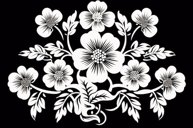 a black and white floral design with white flowers on a black background.