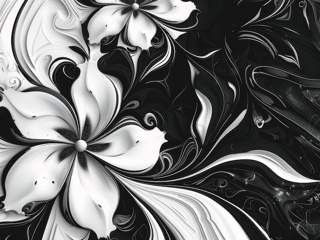 Black and white floral elements Monochrome flowers with curled petals on a black background