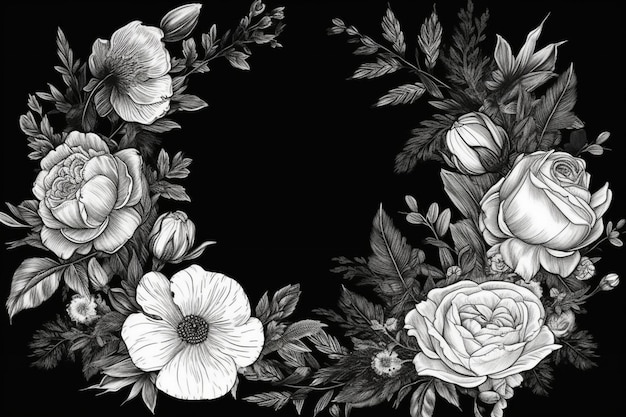 Черно-белая цветочная рамка с анемонами.