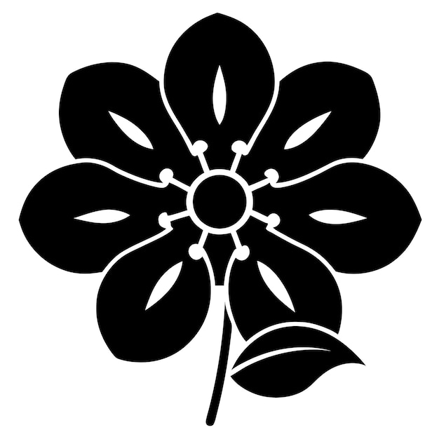 black and white floral illustration with petals and leaf design