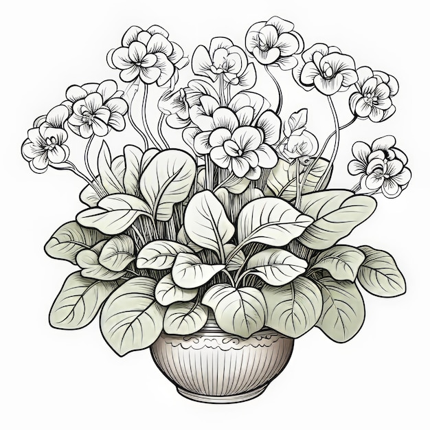 Black And White Floral Illustration With White Violets In A Vase