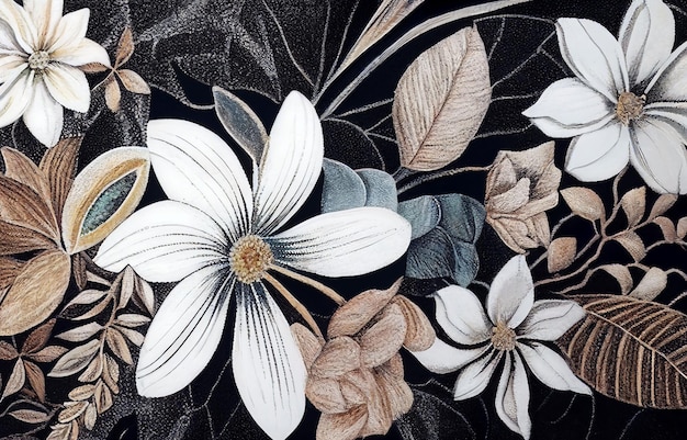 A black and white floral painting with leaves and flowers.