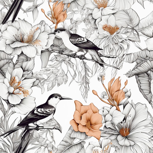 A black and white floral pattern with birds on a branch and white flowers.