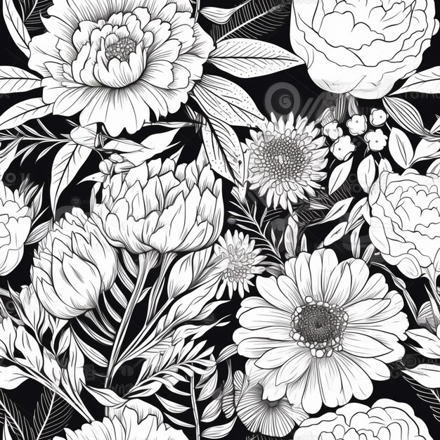 a black and white floral pattern with flowers and leaves generative ai