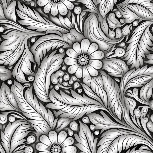 Foto un disegno floreale bianco e nero con foglie e fiori generativo ai