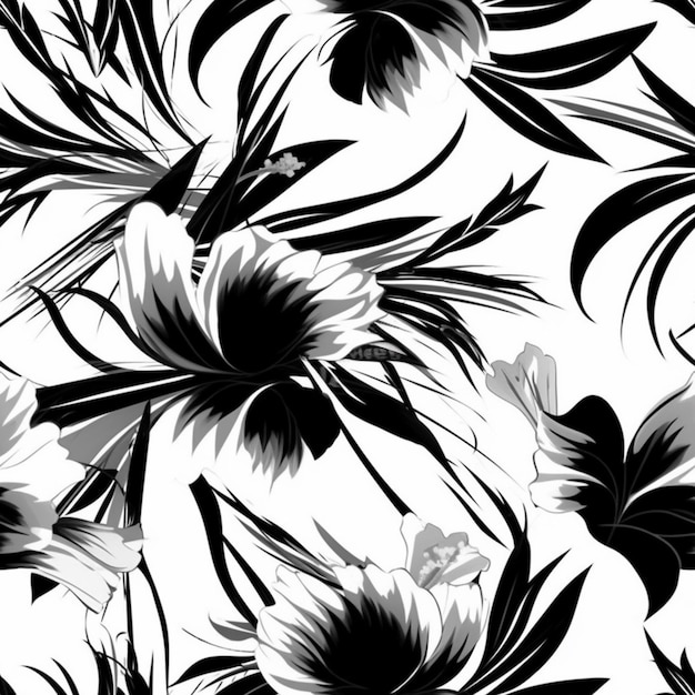 A black and white floral pattern with leaves and flowers generative ai