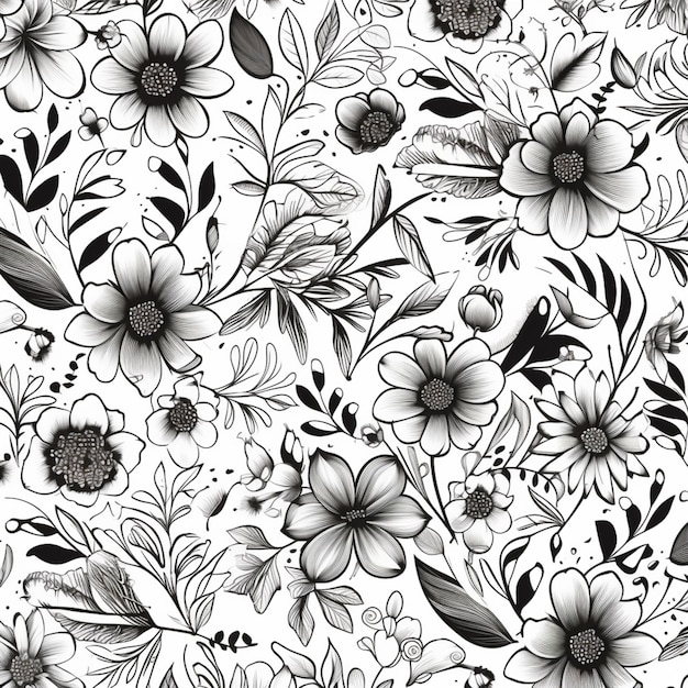 A black and white floral pattern with lots of flowers generative ai