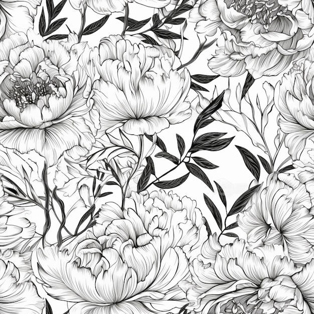 a black and white floral pattern with peonies and leaves generative ai