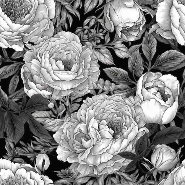 Custom 3D Floral Mural Wallpaper Black White Peony Flower  BVM Home