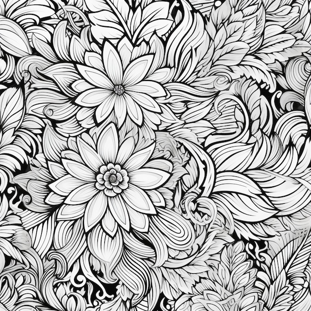 黒と白の花のパターン 巻きと花の生成