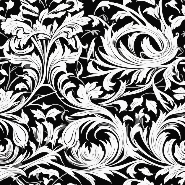 A black and white floral pattern with swirls and leaves generative ai