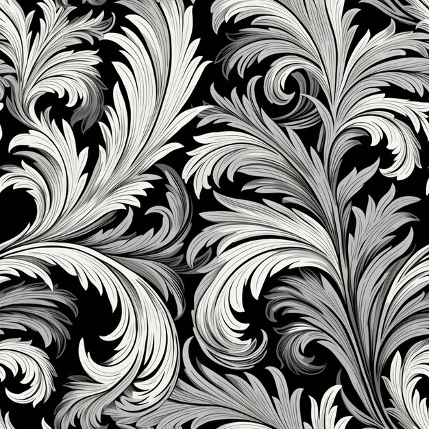 a black and white floral pattern with swirls and leaves generative ai