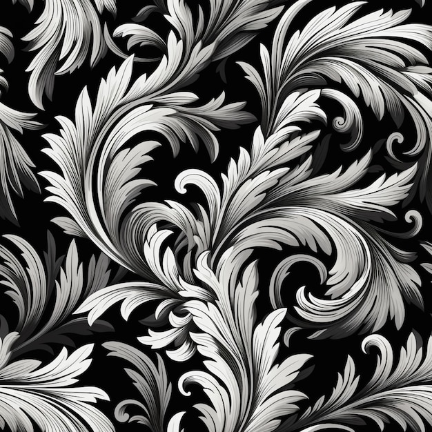 a black and white floral pattern with swirls and leaves generative ai