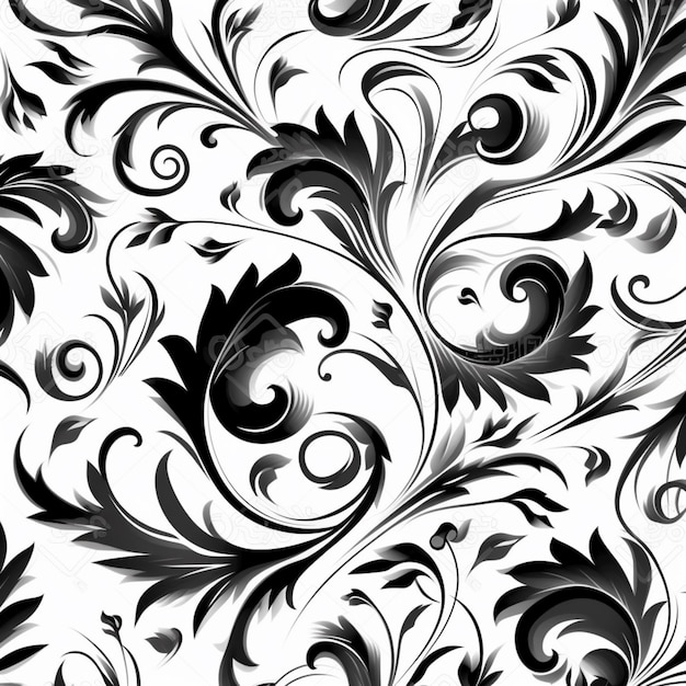 A black and white floral pattern with swirls and leaves generative ai