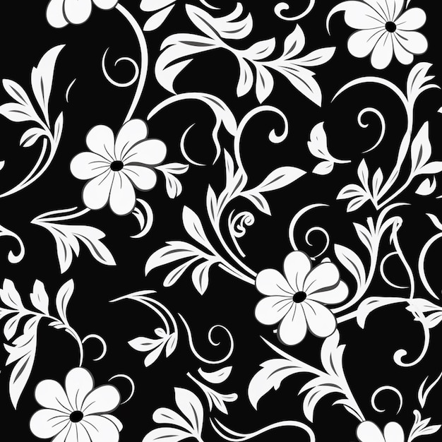 Photo a black and white floral pattern with white flowers on a black background generative ai