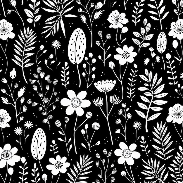 A black and white floral pattern with white flowers and leaves generative ai