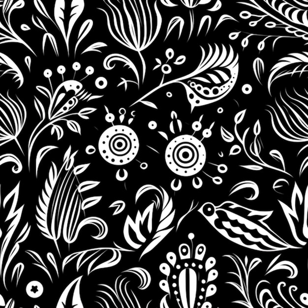 A black and white floral pattern with white flowers and leaves generative ai