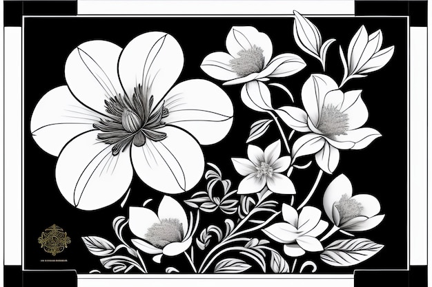 A black and white floral pattern with the words flowers on the bottom