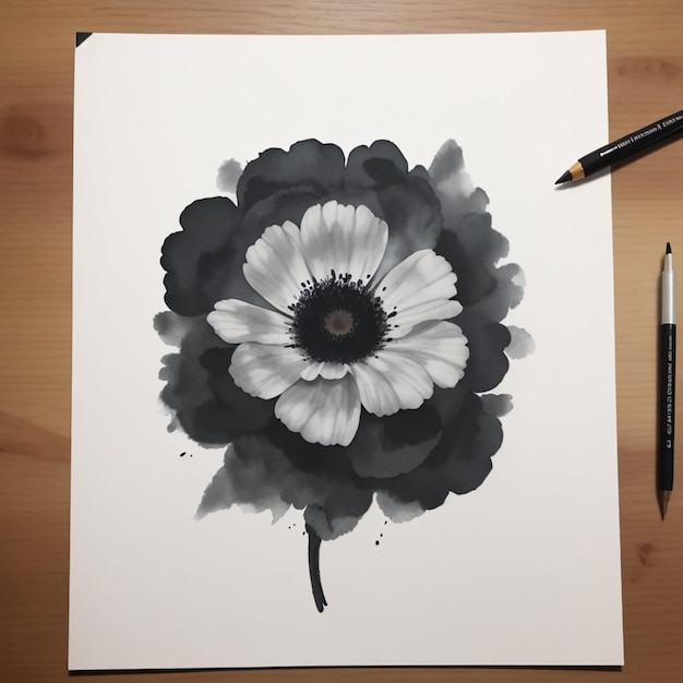 ペンとペンで黒と白の花の絵を描く