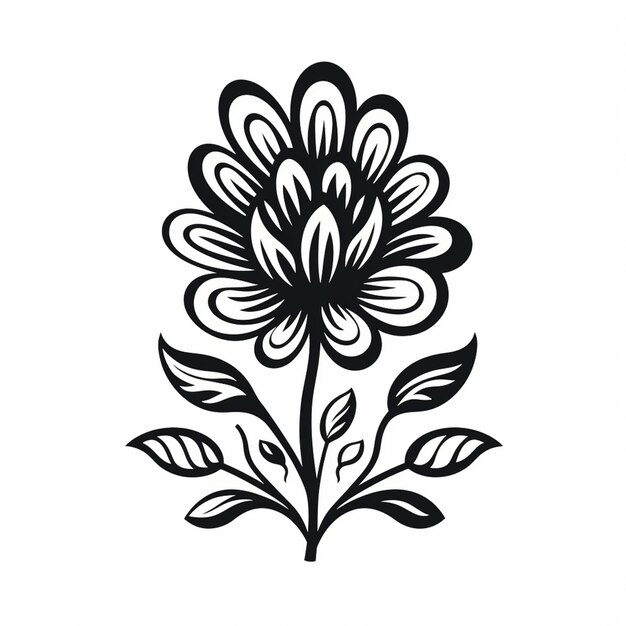 a black and white flower with leaves on a white background generative ai