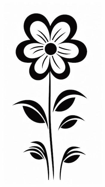 a black and white flower with leaves on a white background generative ai