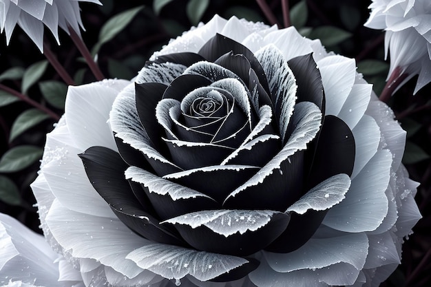 A black and white flower with a white center.