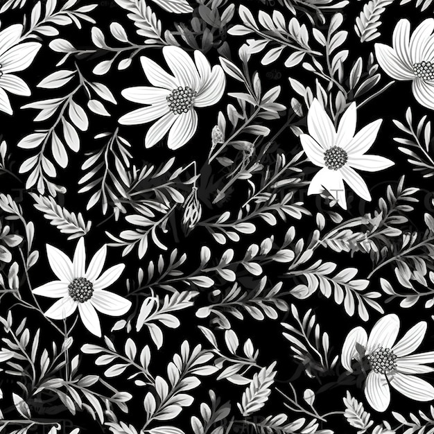 Black and white flowers on a black background.