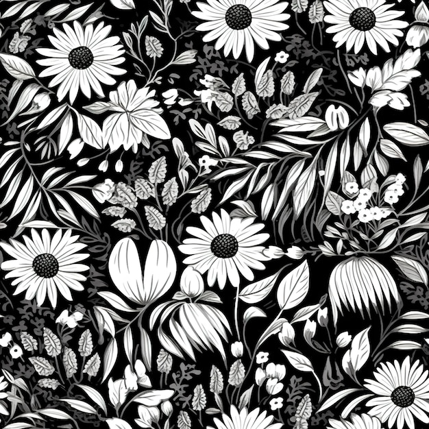 Black and white flowers on a black background.