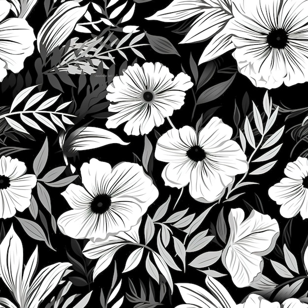 Black and white flowers on a black background.