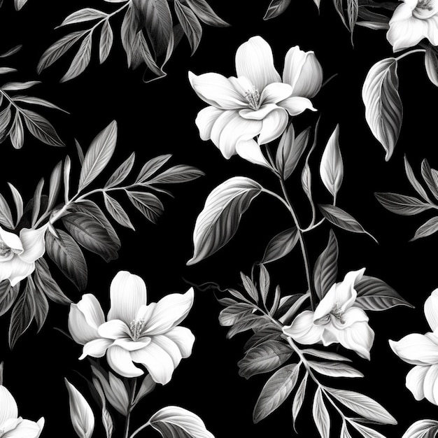 Black and white flowers on a black background.