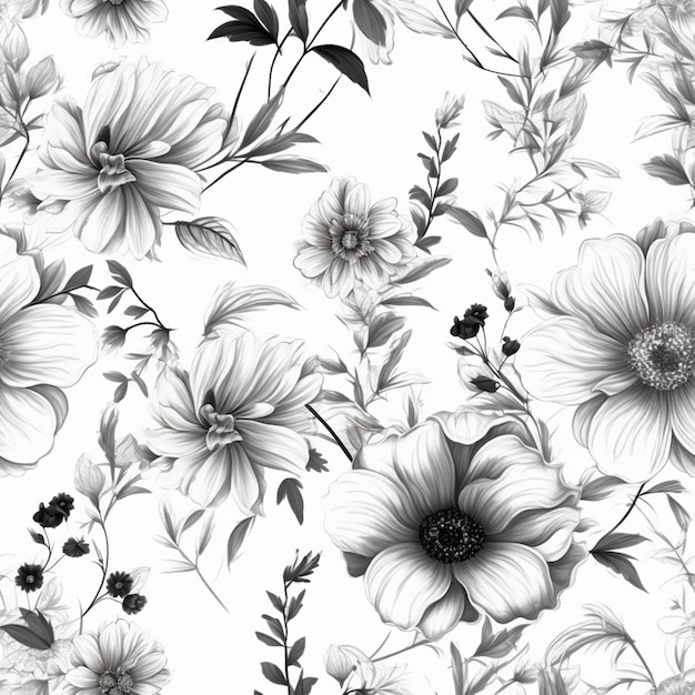 Photo black and white flowers with a black berry on the bottom.