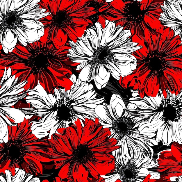 black and white flowers with red and white flowers on a red background