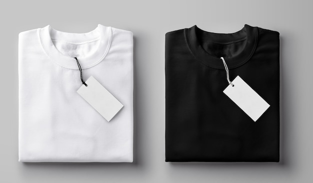 Photo black and white folded t-shirt with label.