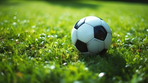 Black and white football on green grass