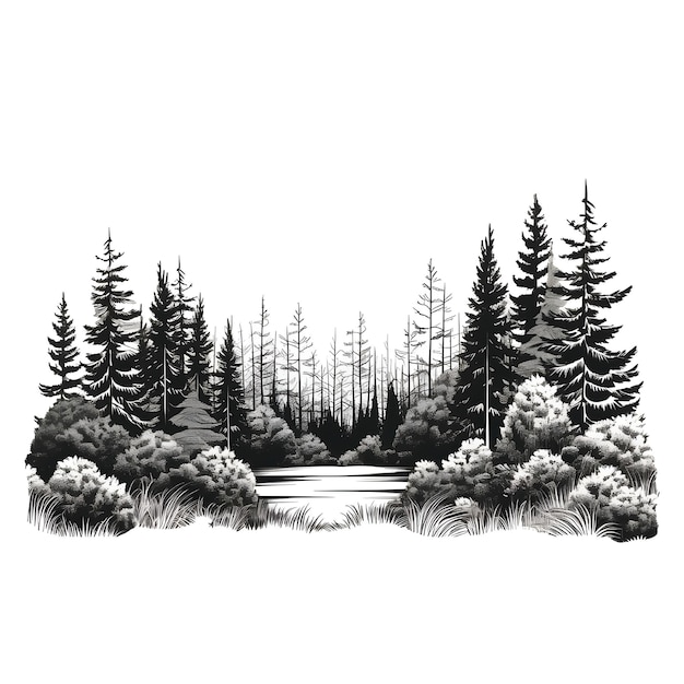 Black and white forest with river illustration