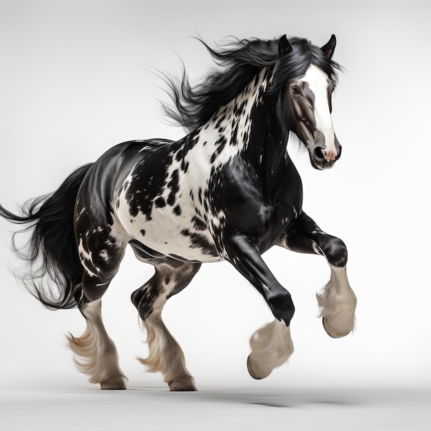 Black and white friesian stallion jumping isolated on white background