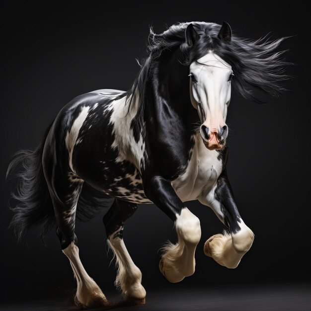 Photo black and white friesian stallion trotting on black background