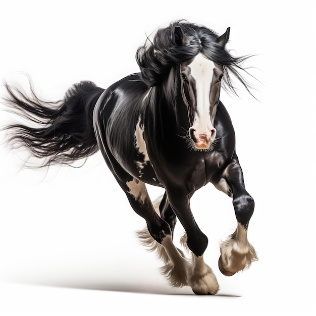 Black and white friesian stallion with long mane galloping white background