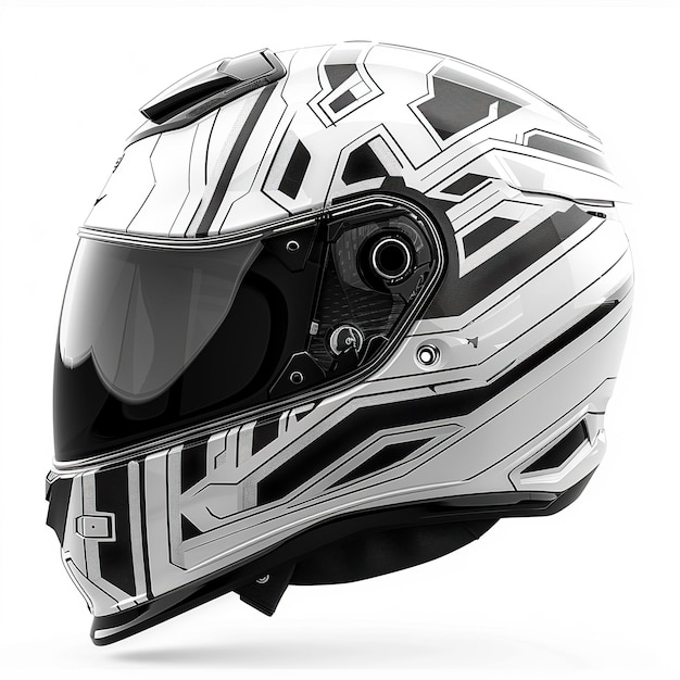Black and white geometric shapes decorate a sleek motorcycle helmet