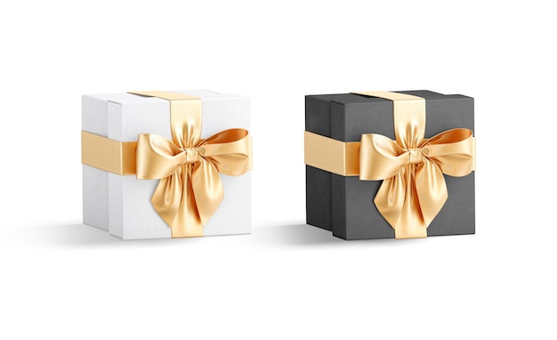 Photo black and white gift box with gold ribbon mockup decorative care package with bow mock up