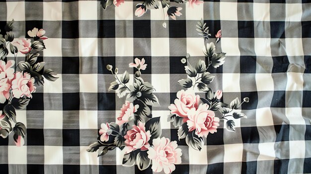 Photo a black and white gingham pattern is overlaid with a floral pattern of pink and white roses