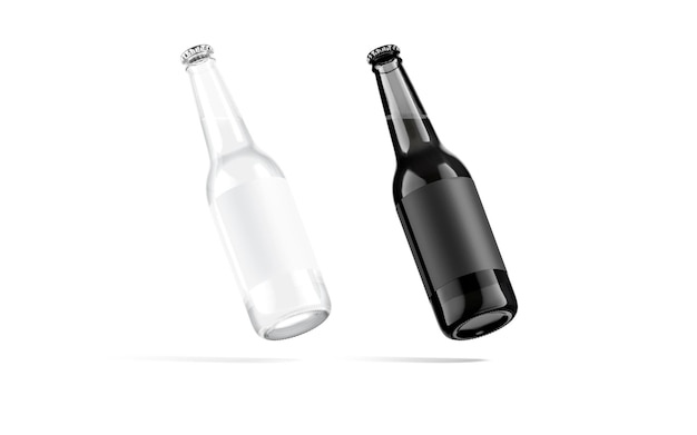 Black and white glass beer bottle with label. Flask pack for alchohol. Fresh lemonade or soda botle.