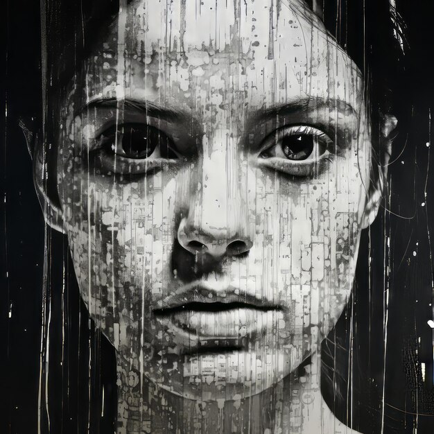 Photo black and white glitch portrait hyperdetailed woman39s face with photocopy lines