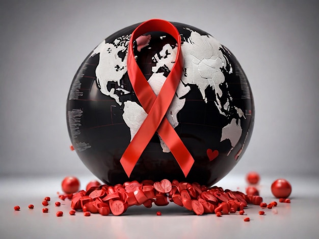 a black and white globe with a red ribbon around it and a red ribbon around it